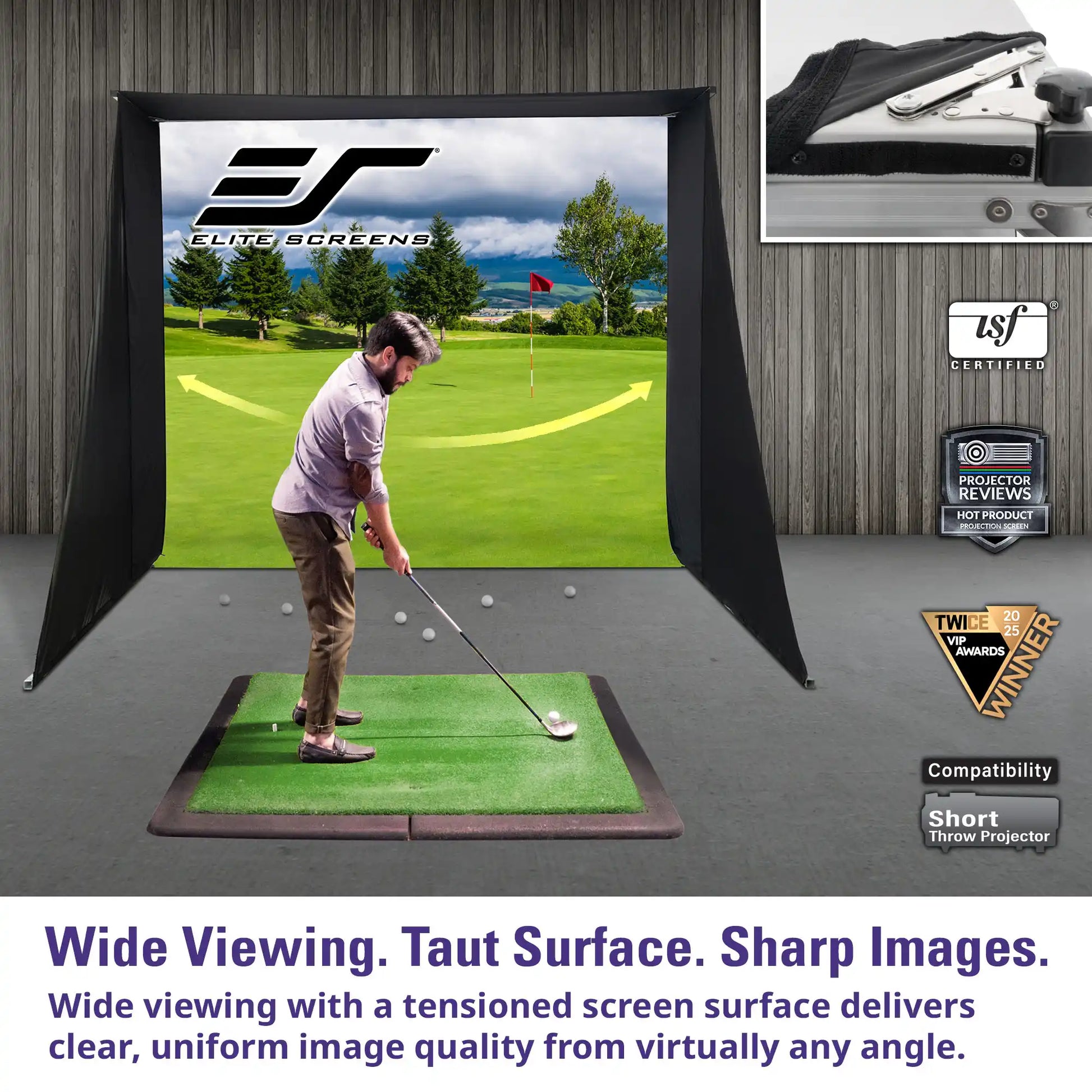 Elite Screens golf simulator setup with a large black projection screen showing a golf course scene, a green hitting mat, and a golfer in motion. The image includes a close-up inset of the screen cover, certification logos, and marketing text about wide viewing, a taut surface, and sharp images.