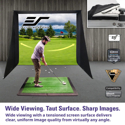 Elite Screens golf simulator setup with a large black projection screen showing a golf course scene, a green hitting mat, and a golfer in motion. The image includes a close-up inset of the screen cover, certification logos, and marketing text about wide viewing, a taut surface, and sharp images.