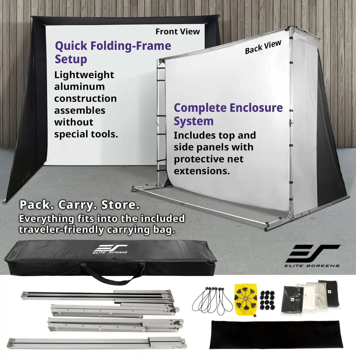 Elite Screens quick folding frame enclosure kit shown with front and back view diagrams, the assembled frame, a black carrying bag, metal frame pieces, ropes, and accessories on a gray studio background.