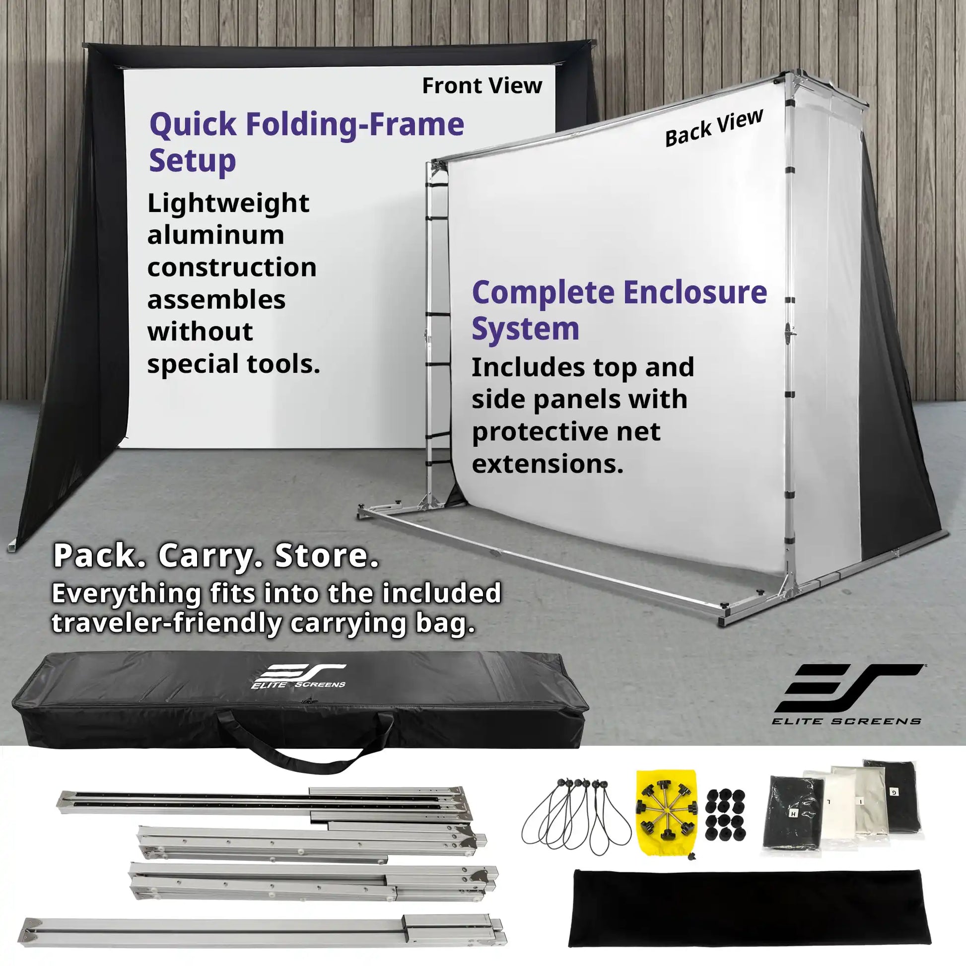 Elite Screens quick folding frame enclosure kit shown with front and back view diagrams, the assembled frame, a black carrying bag, metal frame pieces, ropes, and accessories on a gray studio background.