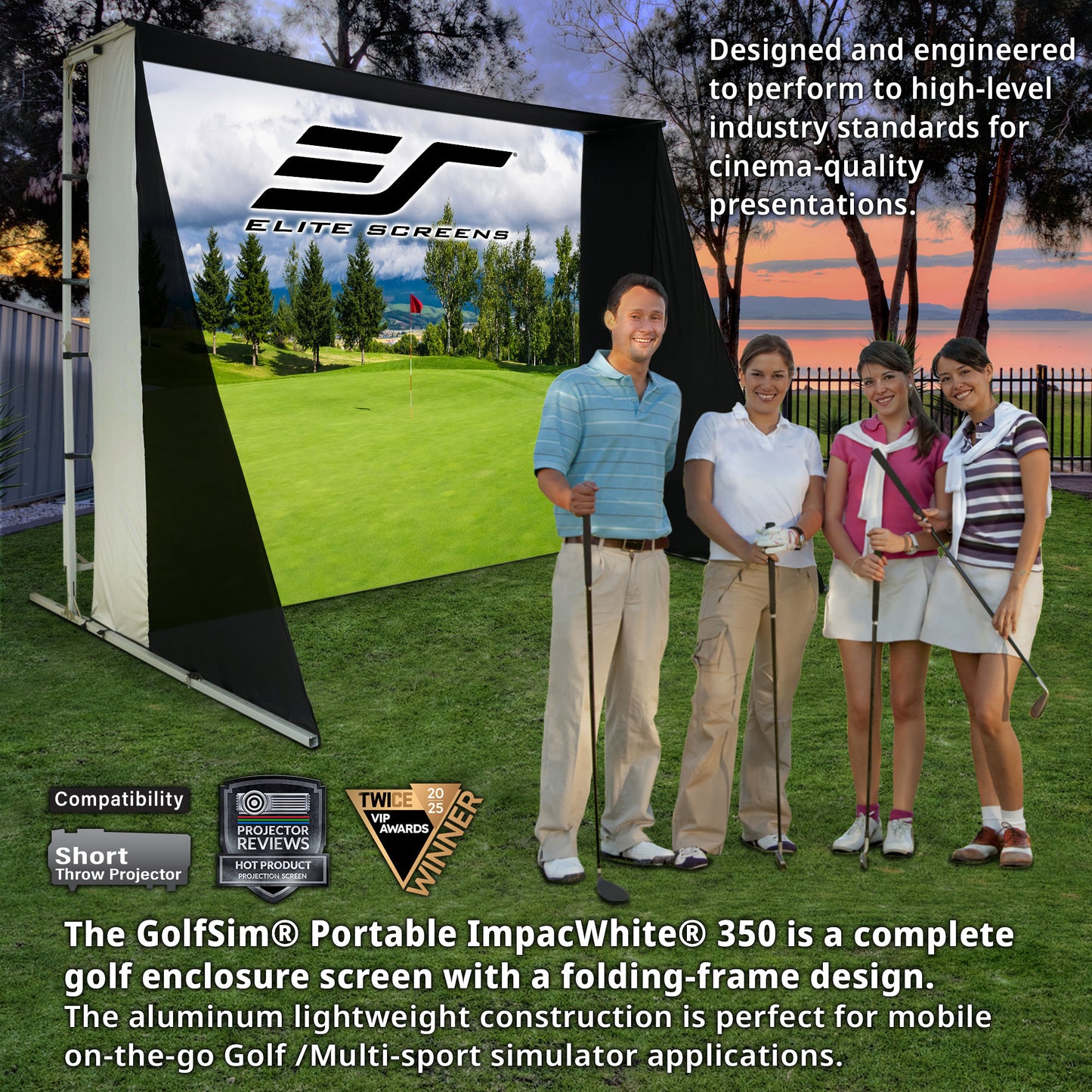 GolfSim Portable ImpacWhite 350 screen with people holding golf clubs on a grassy area.