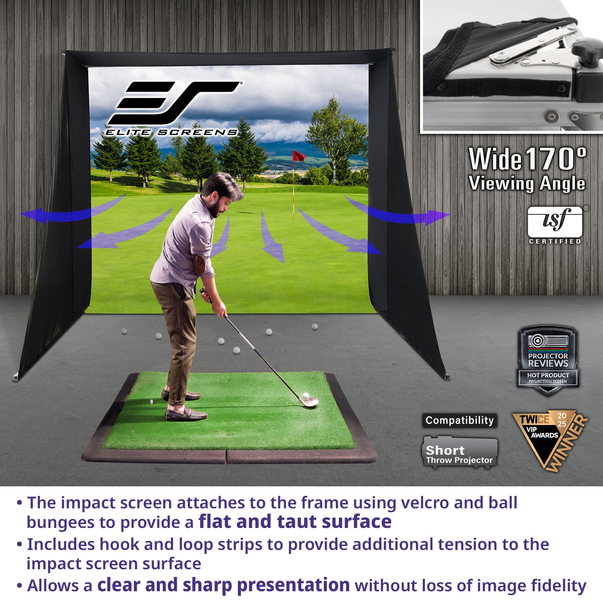 Golf simulator setup with impact screen and projector, featuring Elite Screens branding.