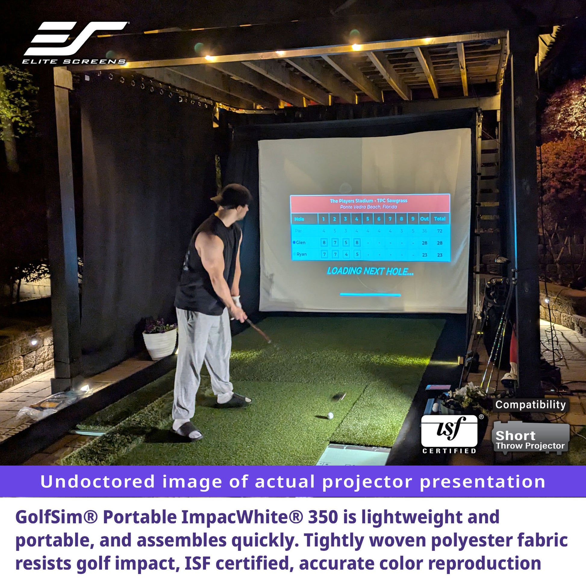 Person using a golf simulator with an Elite Screens projector screen outdoors.