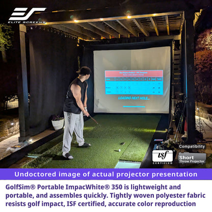 Person using a golf simulator with an Elite Screens projector screen outdoors.