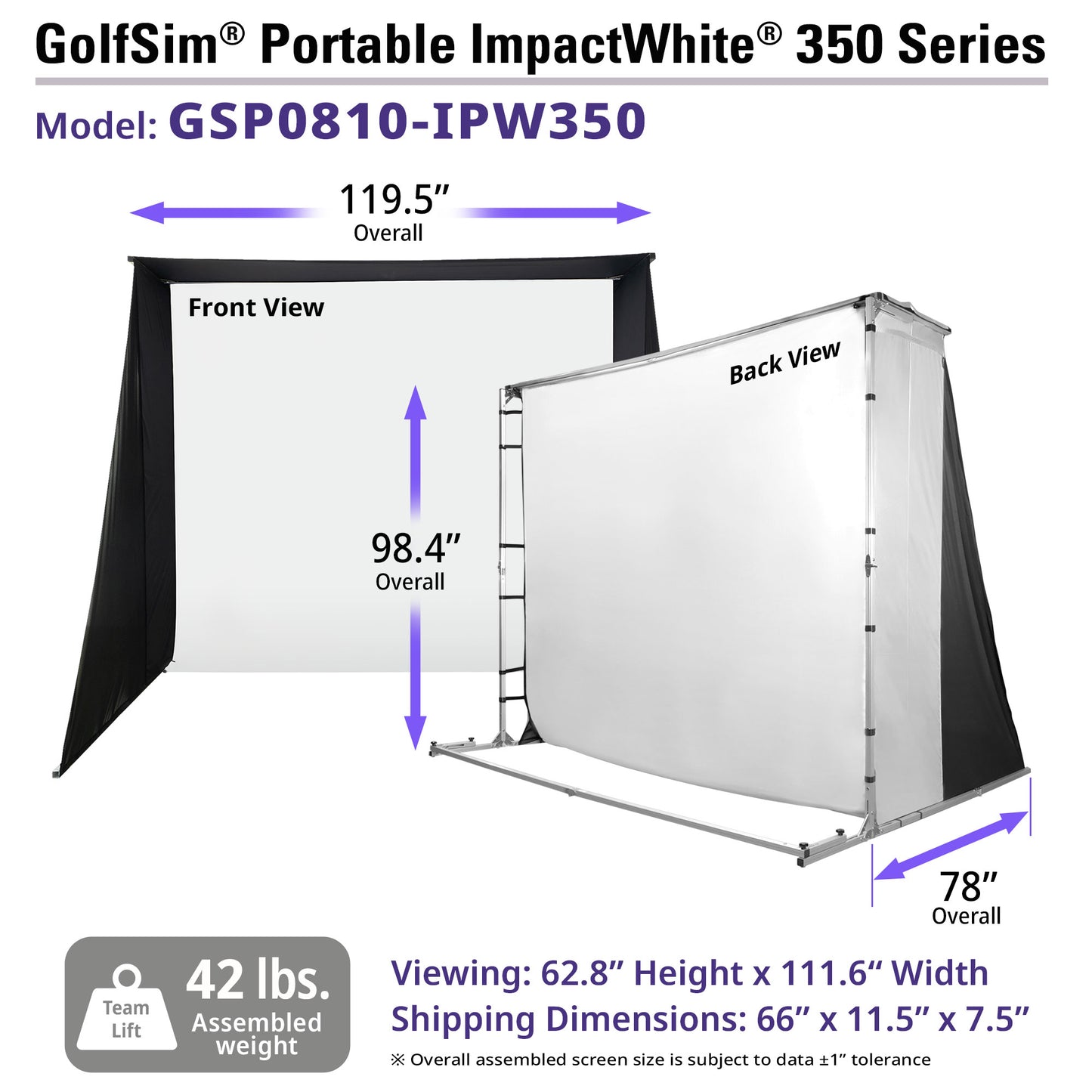 GolfSim Portable ImpactWhite 350 Series screen with dimensions and specifications on a white background