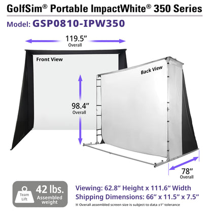 GolfSim Portable ImpactWhite 350 Series screen with dimensions and specifications on a white background