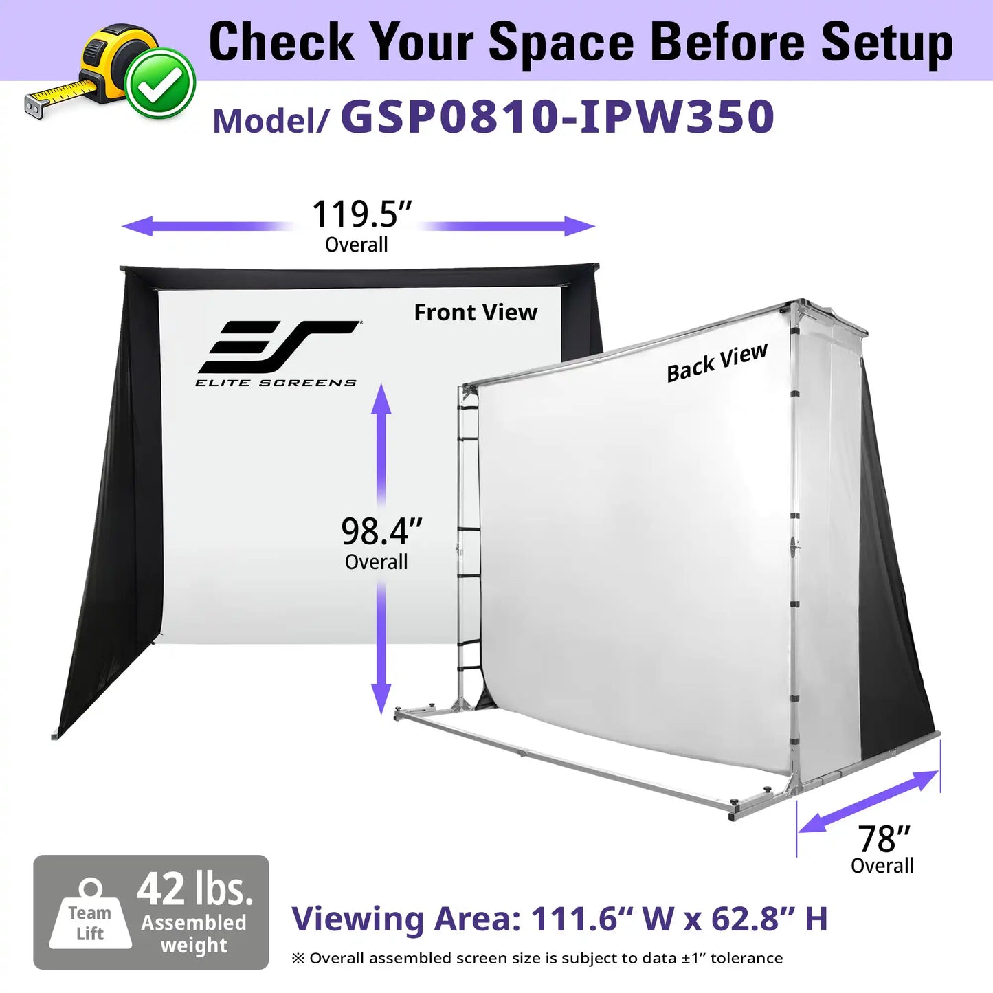 Elite Screens portable photo booth screen kit with assembly and usage dimensions shown, including front and back views, overall width of 119.5 inches, height of 98.
