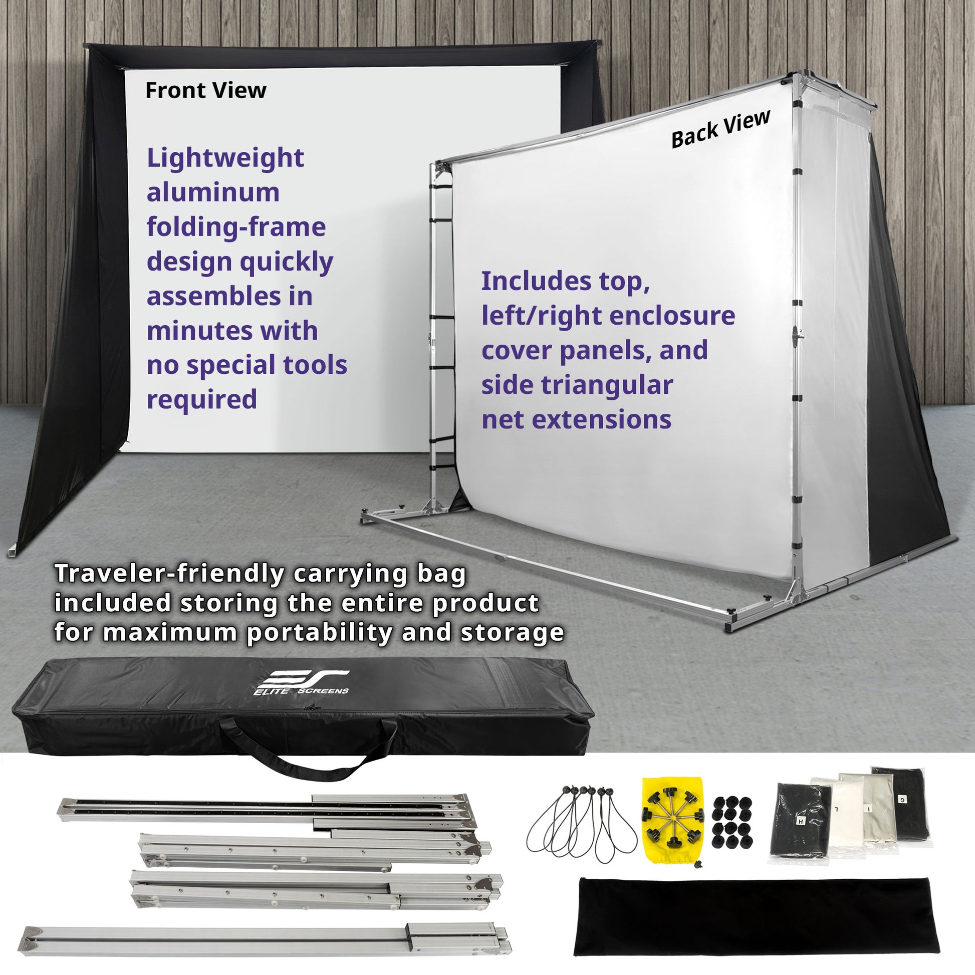GolfSim Portable ImpacWhite 350 Lightweight aluminum folding-frame with text on front and back views, carrying bag, and accessories.