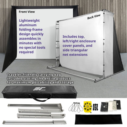 GolfSim Portable ImpacWhite 350 Lightweight aluminum folding-frame with text on front and back views, carrying bag, and accessories.
