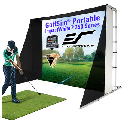 GolfSim Portable ImpacWhite 350 ,GolfSim portable impact screen with a person practicing golf swings on a green mat.