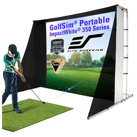 GolfSim Portable ImpacWhite 350 ,GolfSim portable impact screen with a person practicing golf swings on a green mat.