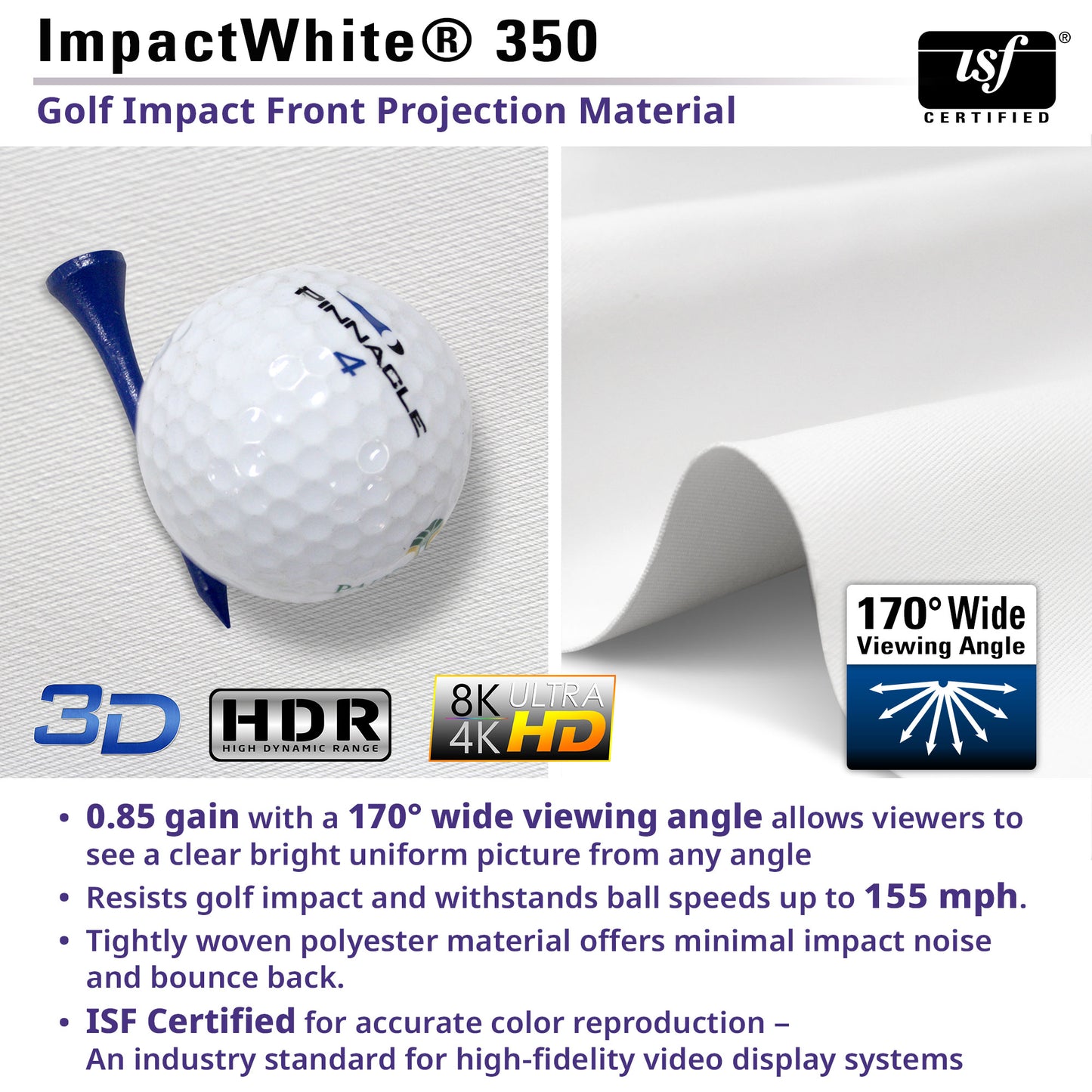 Golf ball on a tee with ImpactWhite 350 material and ISF certification logo.