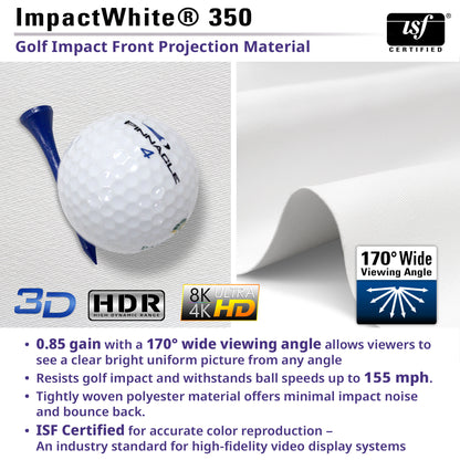 Golf ball on a tee with ImpactWhite 350 material and ISF certification logo.