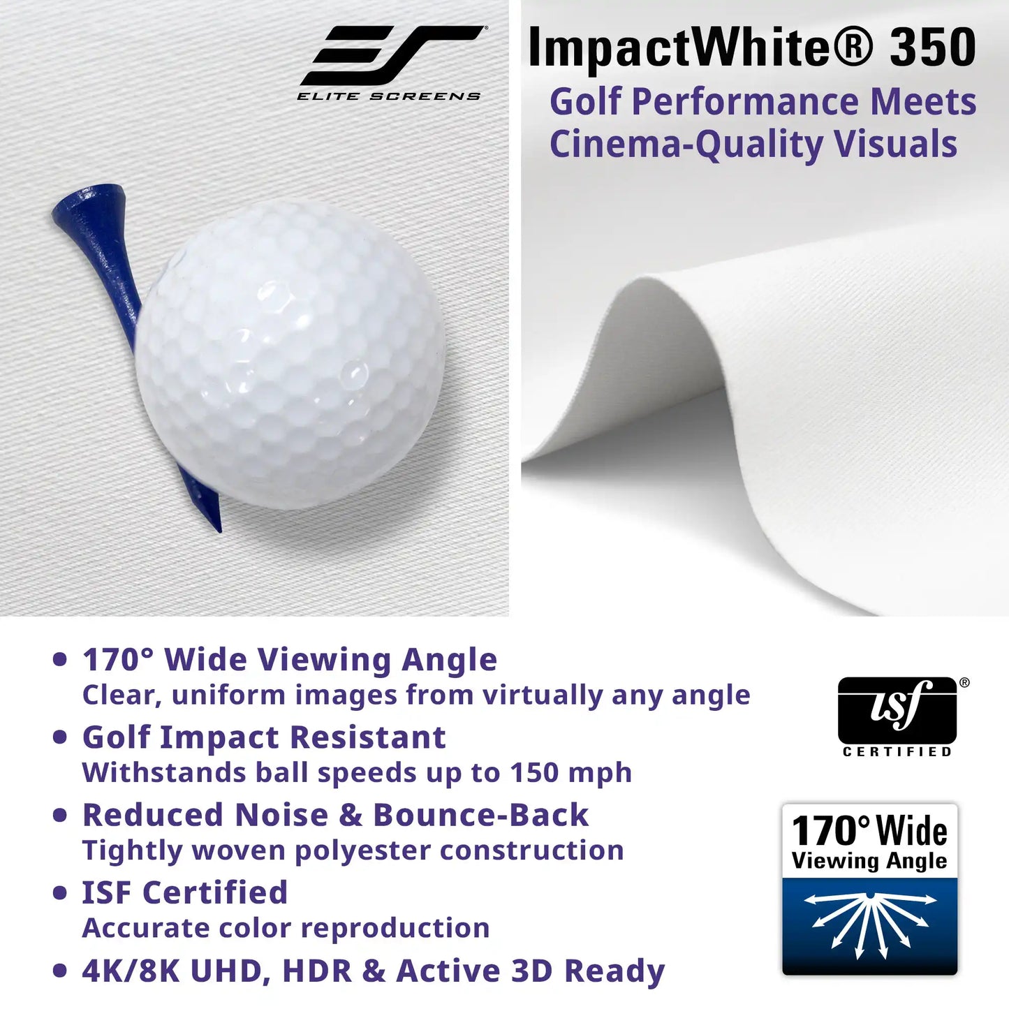 A promotional product graphic for Elite Screens ImpactWhite 350 golf performance screens. The image shows a white textured screen material sample, a rolled section, a golf ball on a blue tee, and text highlighting 170° wide viewing angle, impact resistance, reduced noise, ISF certification, and 4K/8K UHD readiness.