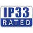 A square graphic badge with rounded corners featuring the text 'IP33 RATED' in white on a dark blue background.