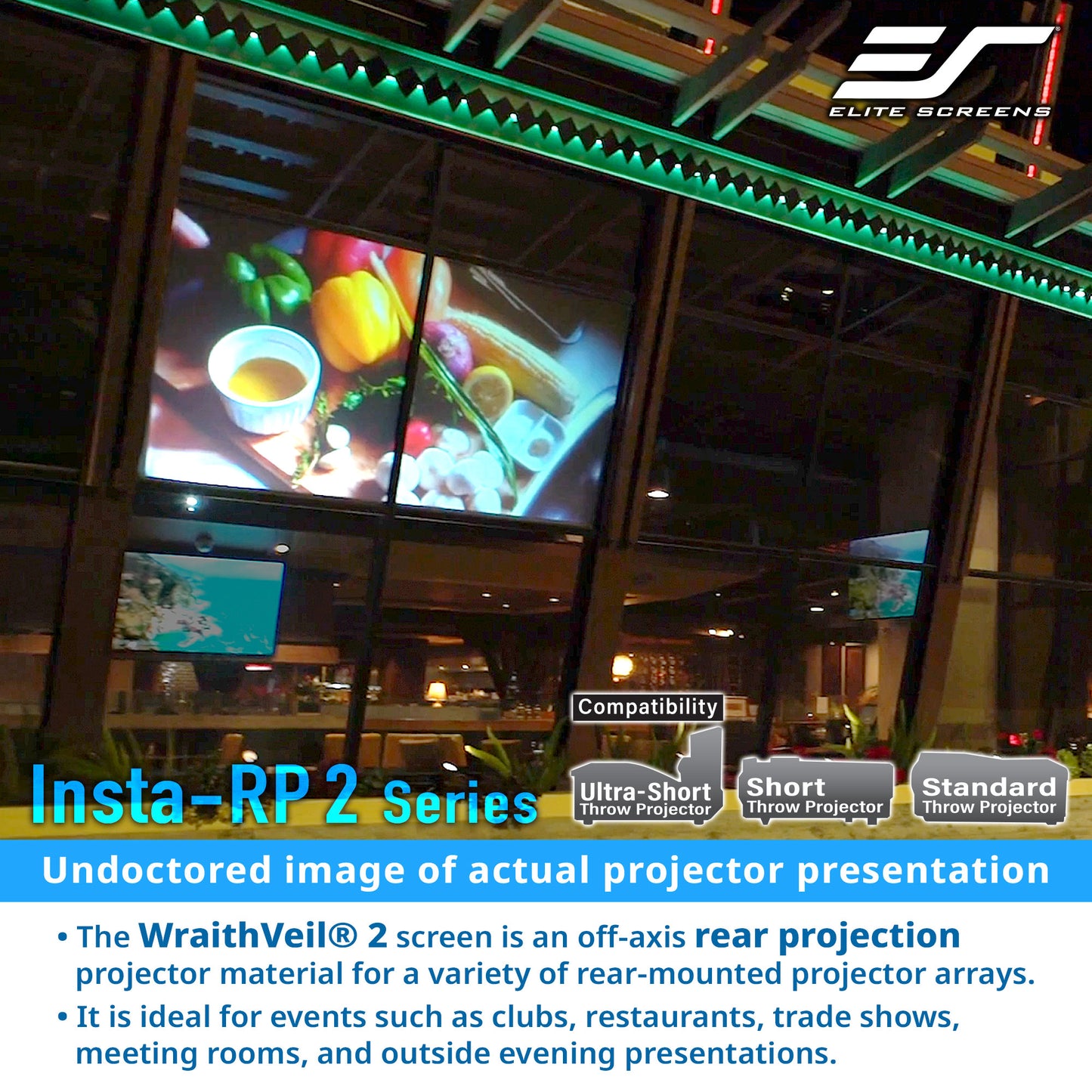 Projected image on a large screen with Elite Screens branding, showing a restaurant interior.