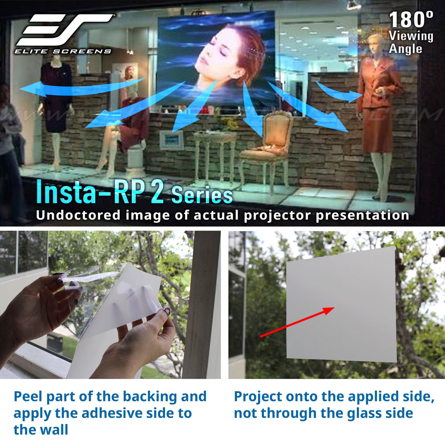Elite Screens Insta-RP 2 Series projector screen setup with installation instructions.