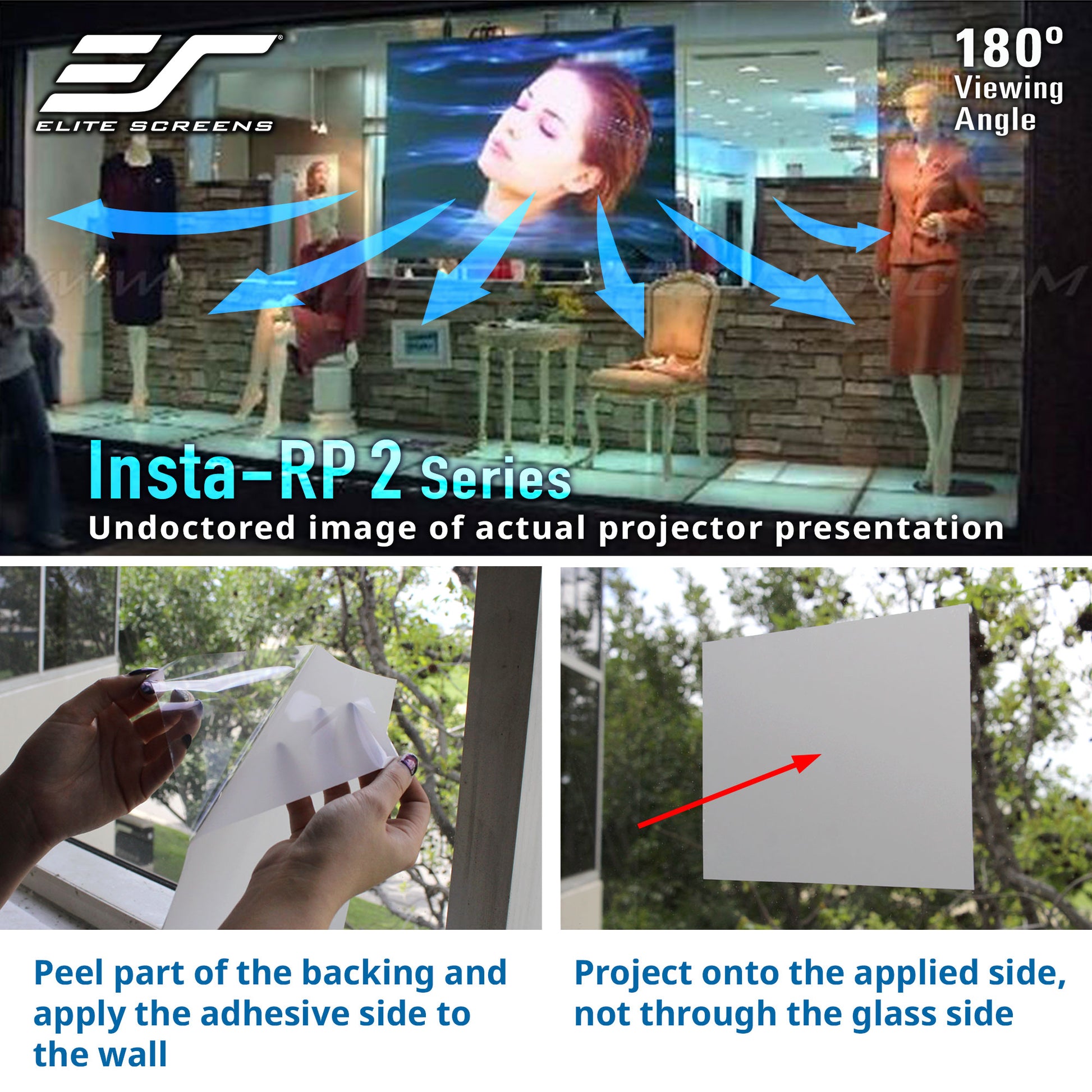 Elite Screens Insta-RP 2 Series projector screen setup with installation instructions.