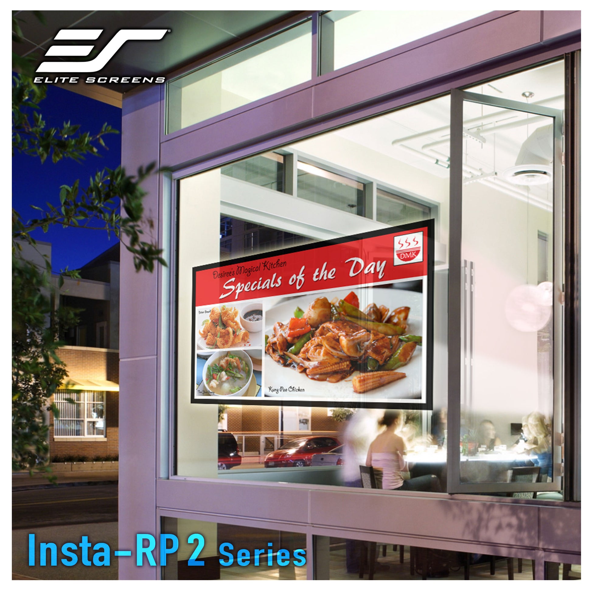 Outdoor digital display on a building facade with 'Specials of the Day' text and food images, featuring Elite Screens Insta-RP 2 Series.