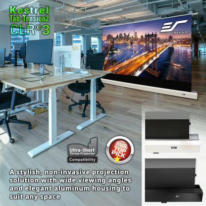 Office setting with a large screen displaying a cityscape, featuring Kestrel Tab-Tension2 CLR3 product.