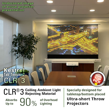 Conference room with a projector screen displaying a cityscape, featuring Kestrel CLR 3 ceiling light rejecting material.