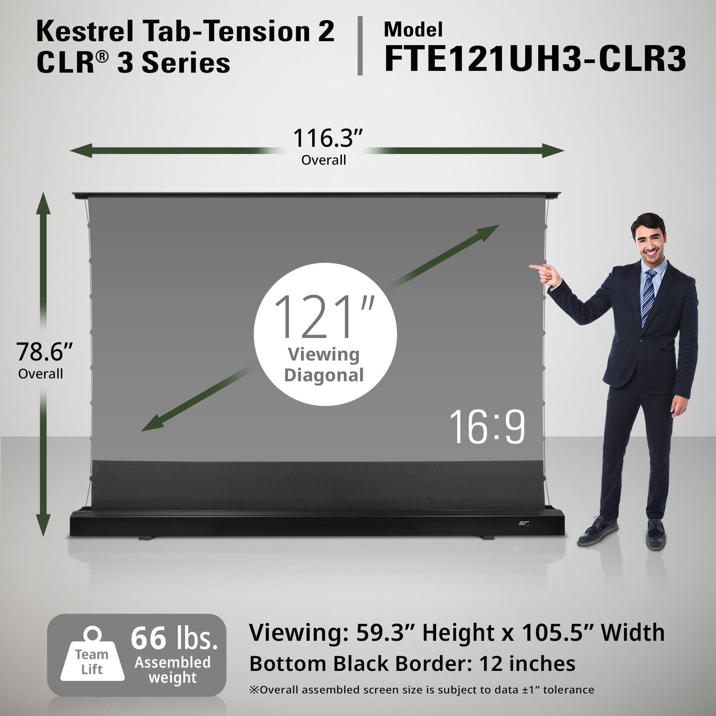 Kestrel Tab-Tension 2 CLR 3 Series monitor with dimensions and a person for scale on a white background