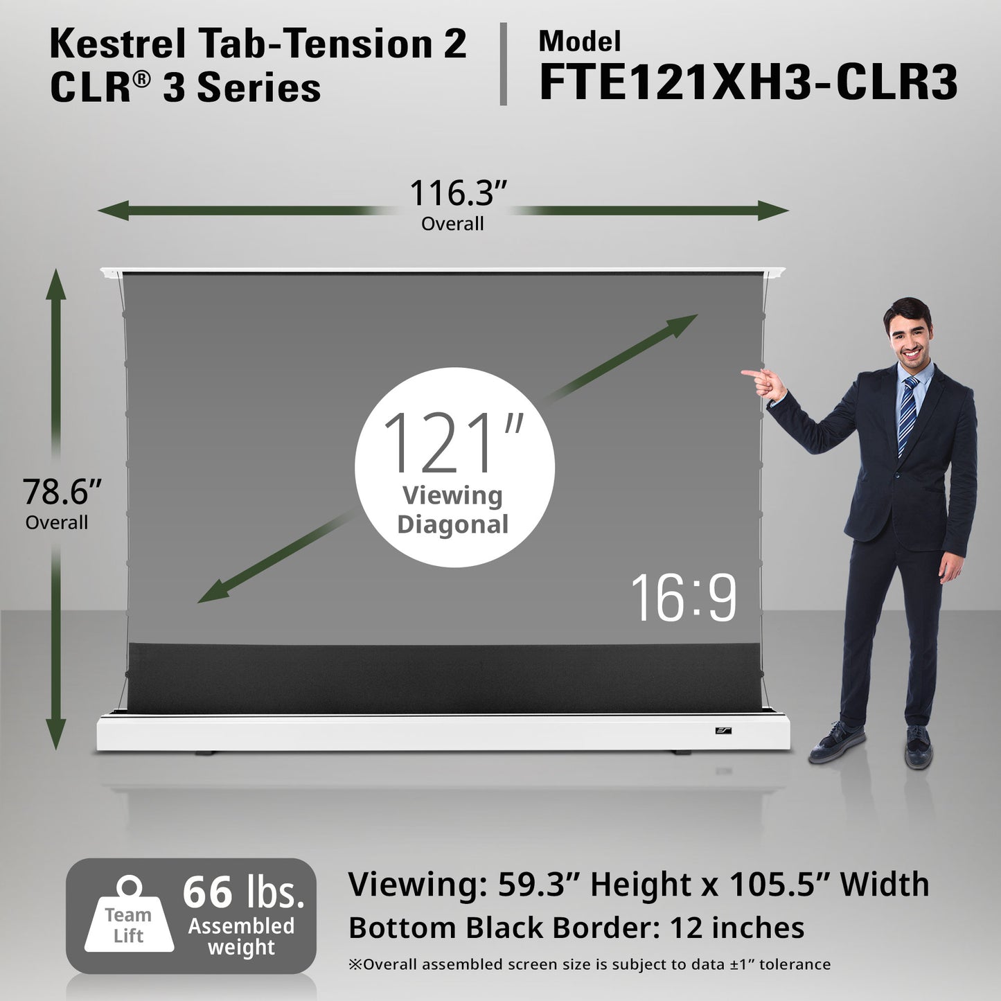Kestrel Tab-Tension 2 CLR 3 Series screen with dimensions and a person for scale.