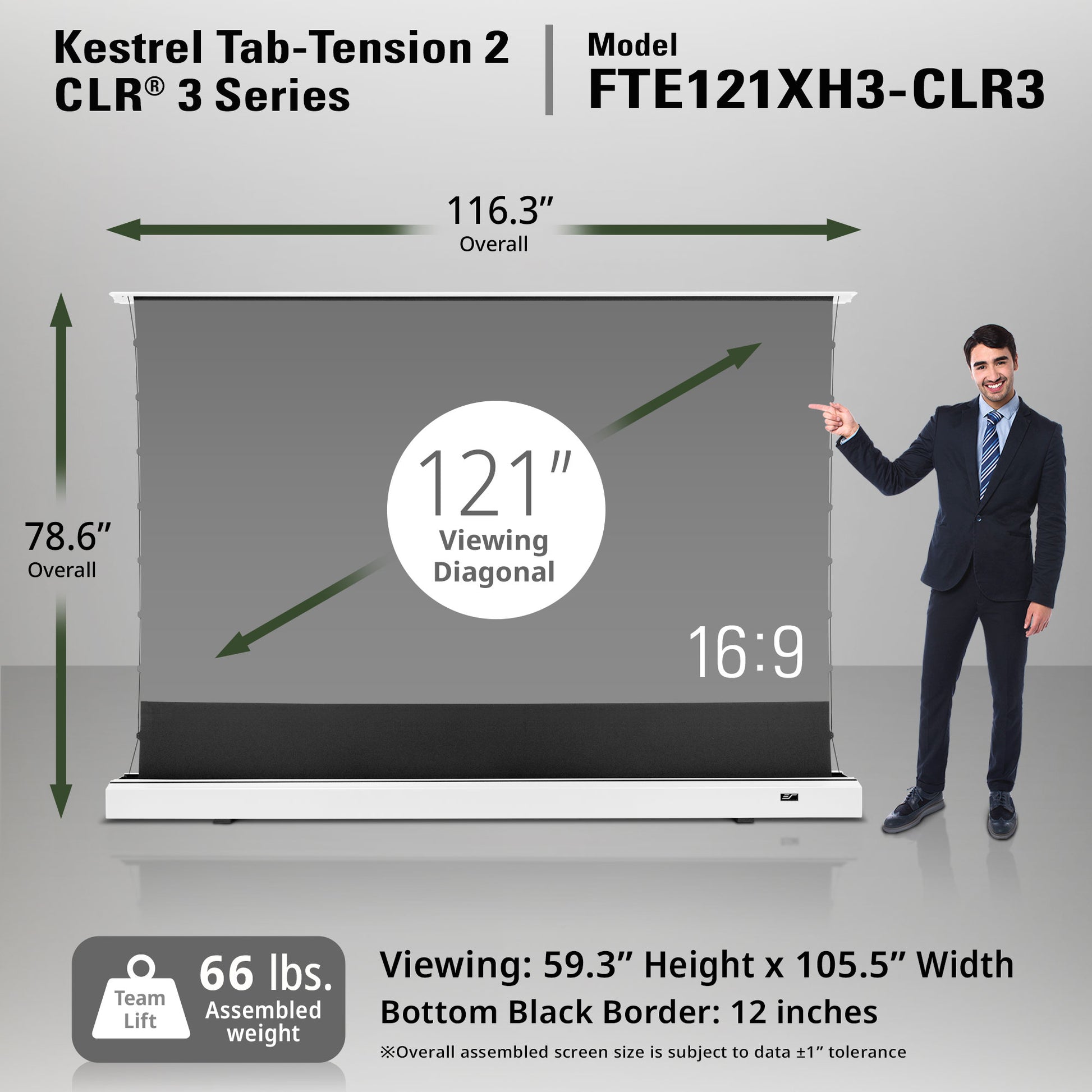 Kestrel Tab-Tension 2 CLR 3 Series screen with dimensions and a person for scale.