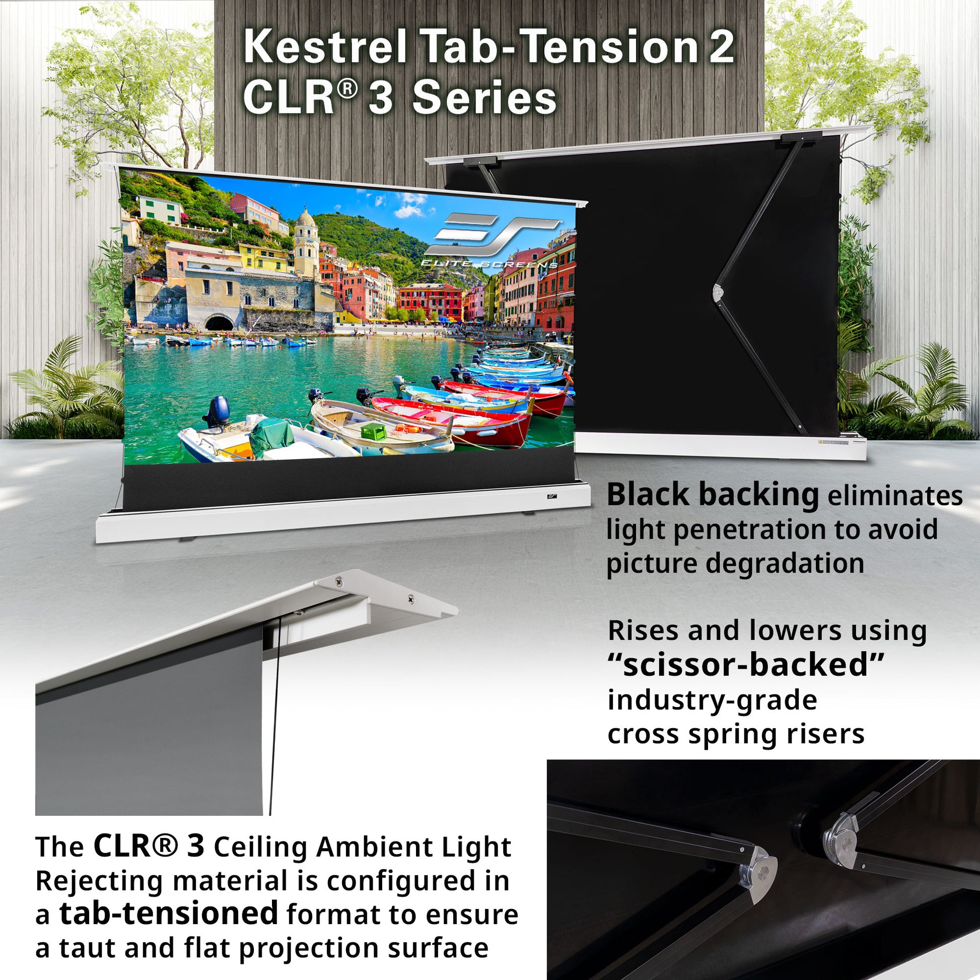 Outdoor TV screen with Kestrel Tab-Tension 2 CLR 3 Series features displayed.