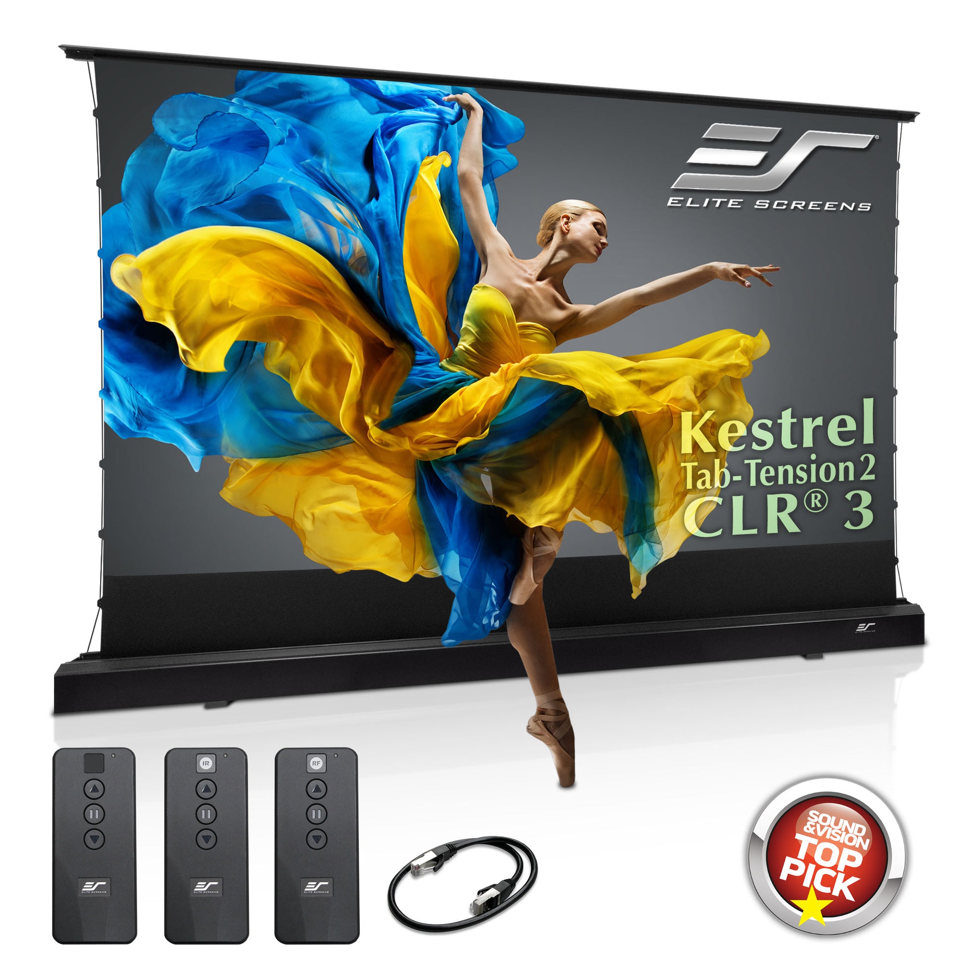 Elite Screens Kestrel Tab-Tension2 CLR 3 projector screen with remote controls and cable on a white background