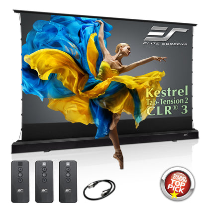 Elite Screens Kestrel Tab-Tension2 CLR 3 projector screen with remote controls and cable on a white background