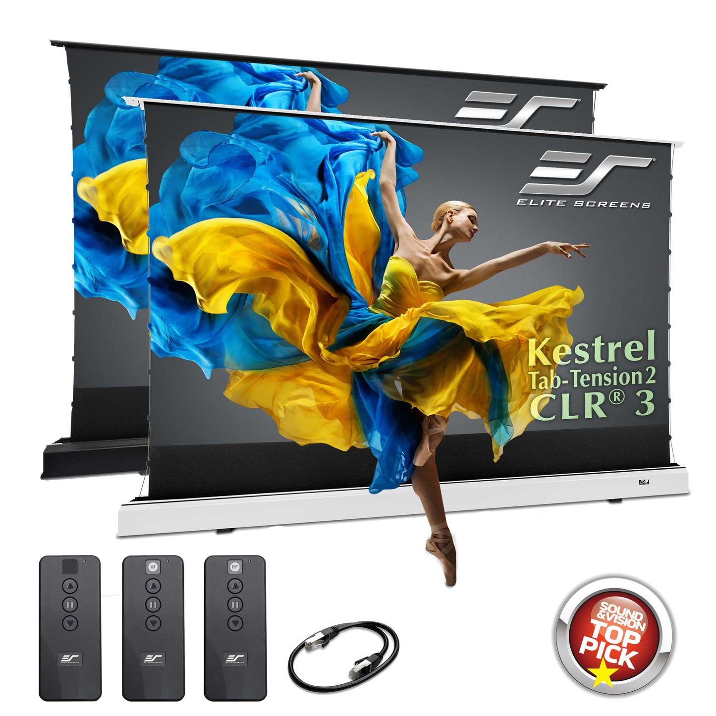 Elite Screens Kestrel Tab-Tension2 CLR 3 projector screen with remote controls and cable on a white background