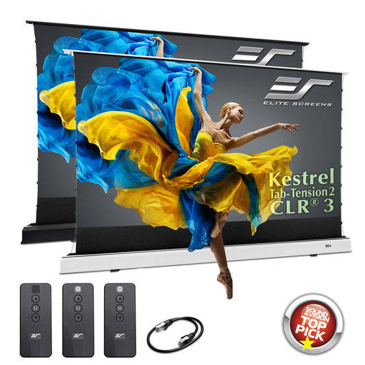 Elite Screens Kestrel Tab-Tension2 CLR 3 projector screen with remote controls and cable on a white background