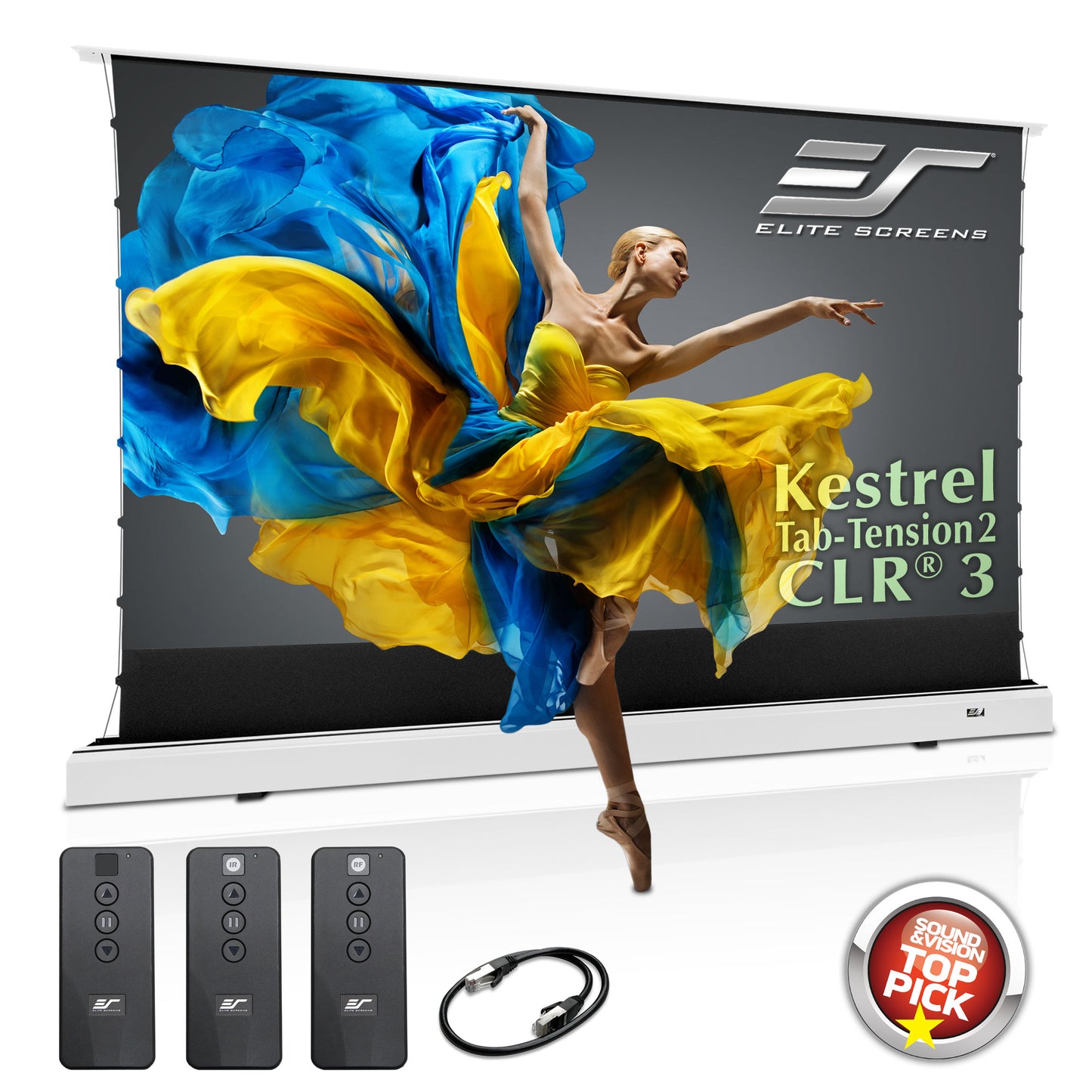 Elite Screens Kestrel Tab-Tension2 CLR 3 projection screen with remote controls and cable on a white background