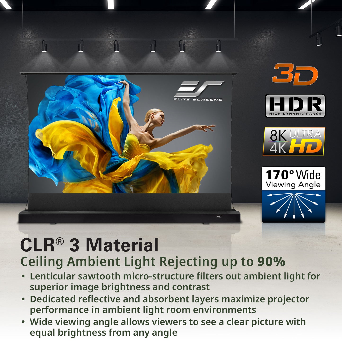 Elite Screens display with a woman in colorful dress on screen, featuring 3D, HDR, 8K, 4K, and 170° wide viewing angle technology.