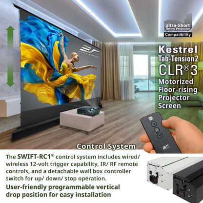 Kestrel Tab-Tension2 CLR 3 Motorized Floor-rising Projector Screen with control system in a living room setting.