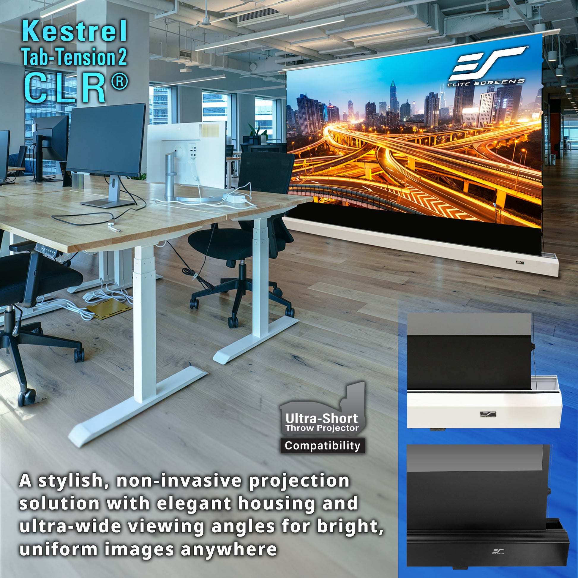 Office setting with a large screen displaying a cityscape, Kestrel Tab-Tension 2 CLR projection solution, and Ultra-Short Throw Projector compatibility.