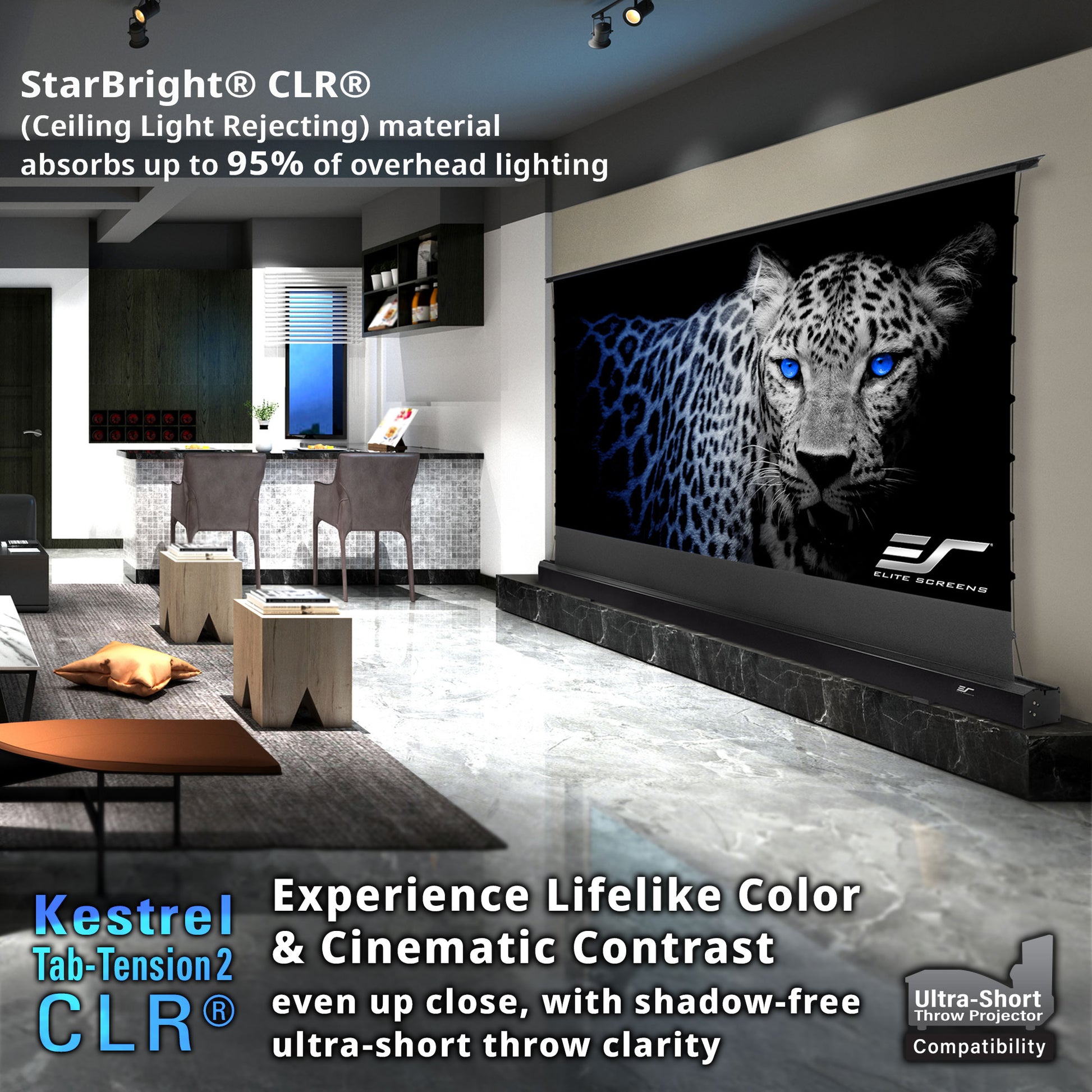 Living room with a large screen displaying a leopard, featuring StarBright CLR material.