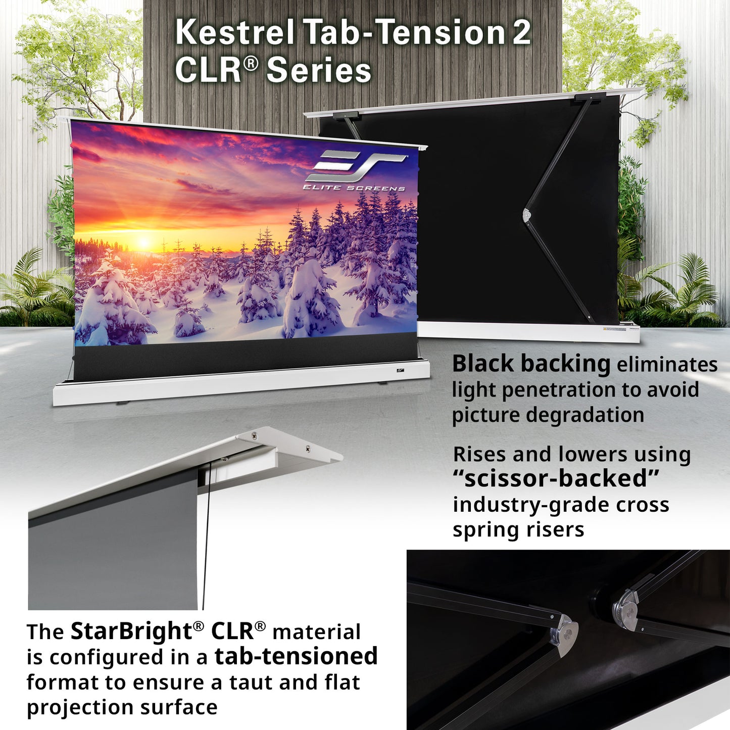 Elite Screens Kestrel Tab-Tension 2 CLR Series screen with outdoor setting