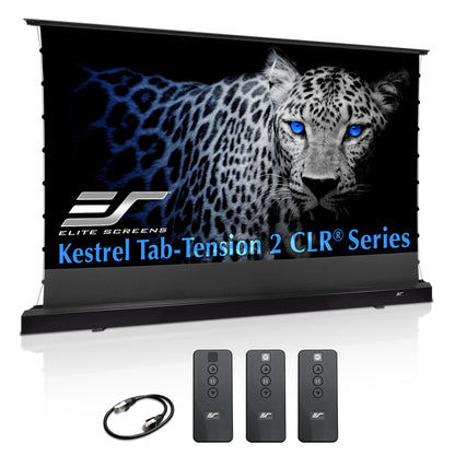 Elite Screens Kestrel Tab-Tension 2 CLR Series projector screen with a leopard image on a white background