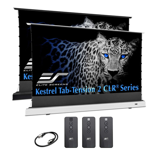 Elite Screens Kestrel Tab-Tension 2 CLR Series screen with a leopard image on a white background