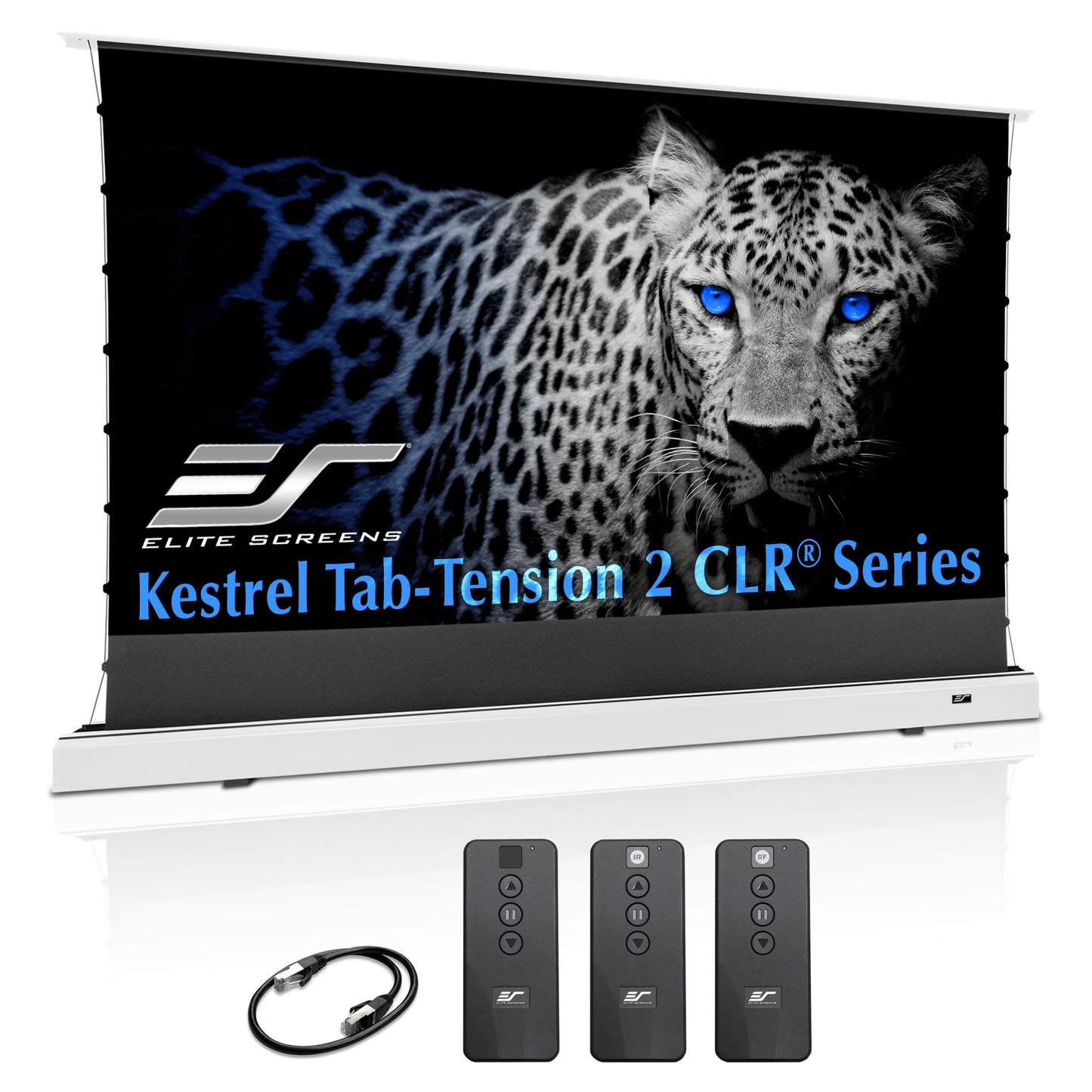 Elite Screens Kestrel Tab-Tension 2 CLR Series screen with a leopard image on a white background