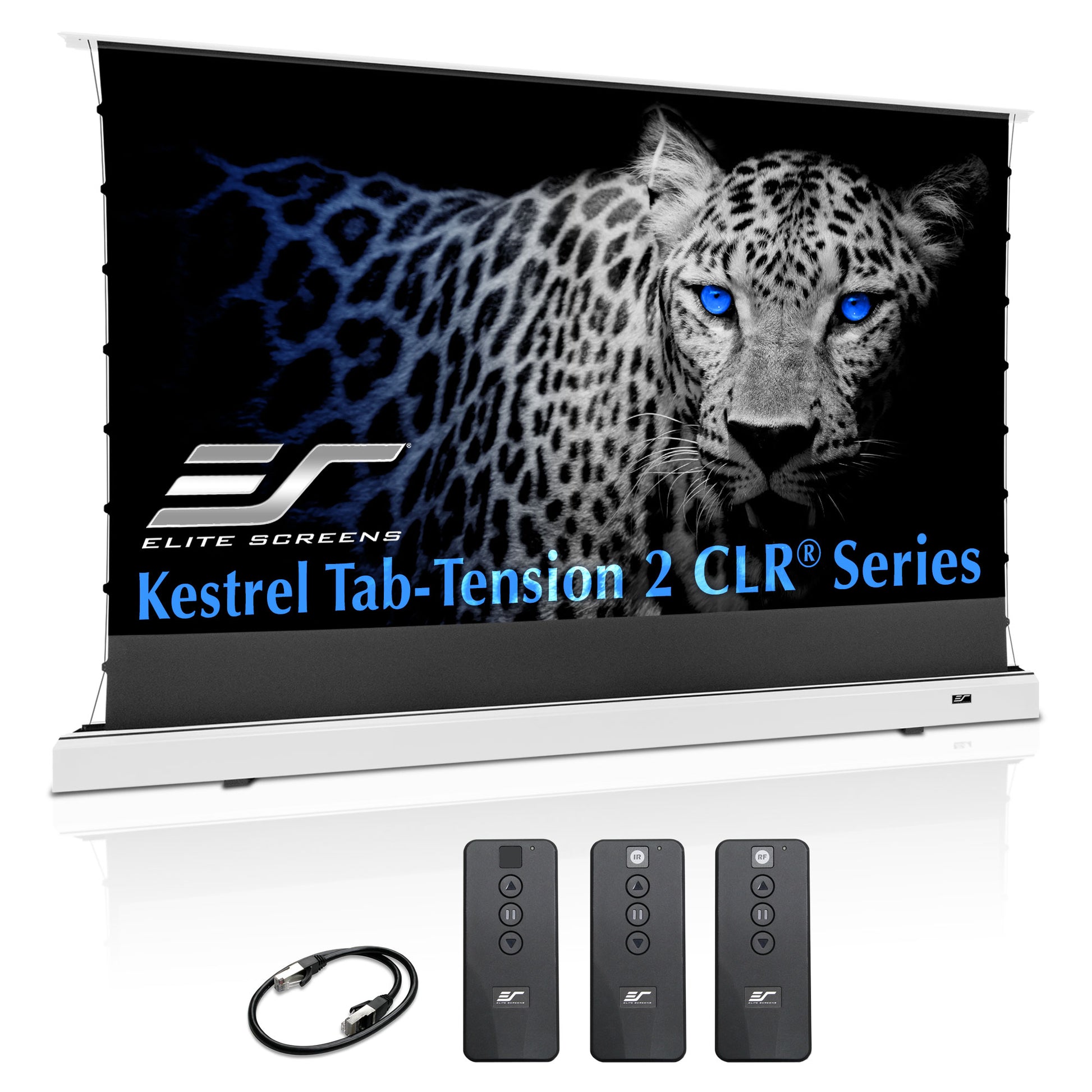 Elite Screens Kestrel Tab-Tension 2 CLR Series screen with a leopard image on a white background