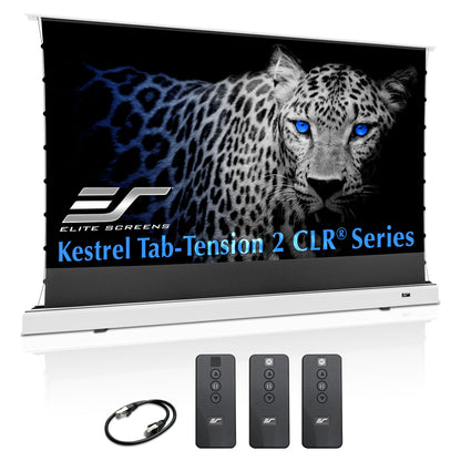 Elite Screens Kestrel Tab-Tension 2 CLR Series screen with a leopard image on a white background