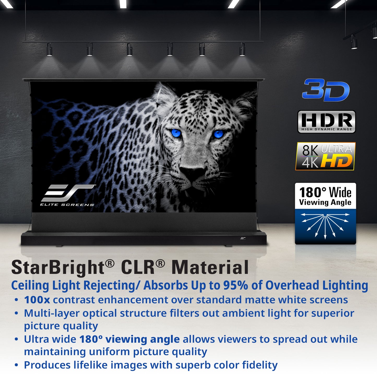 Elite Screens TV with a leopard display, featuring 3D, HDR, 8K, 4K, and 180° Wide Viewing Angle logos, on a dark background.