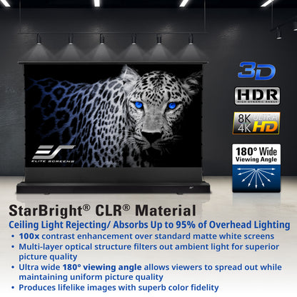 Elite Screens TV with a leopard display, featuring 3D, HDR, 8K, 4K, and 180° Wide Viewing Angle logos, on a dark background.