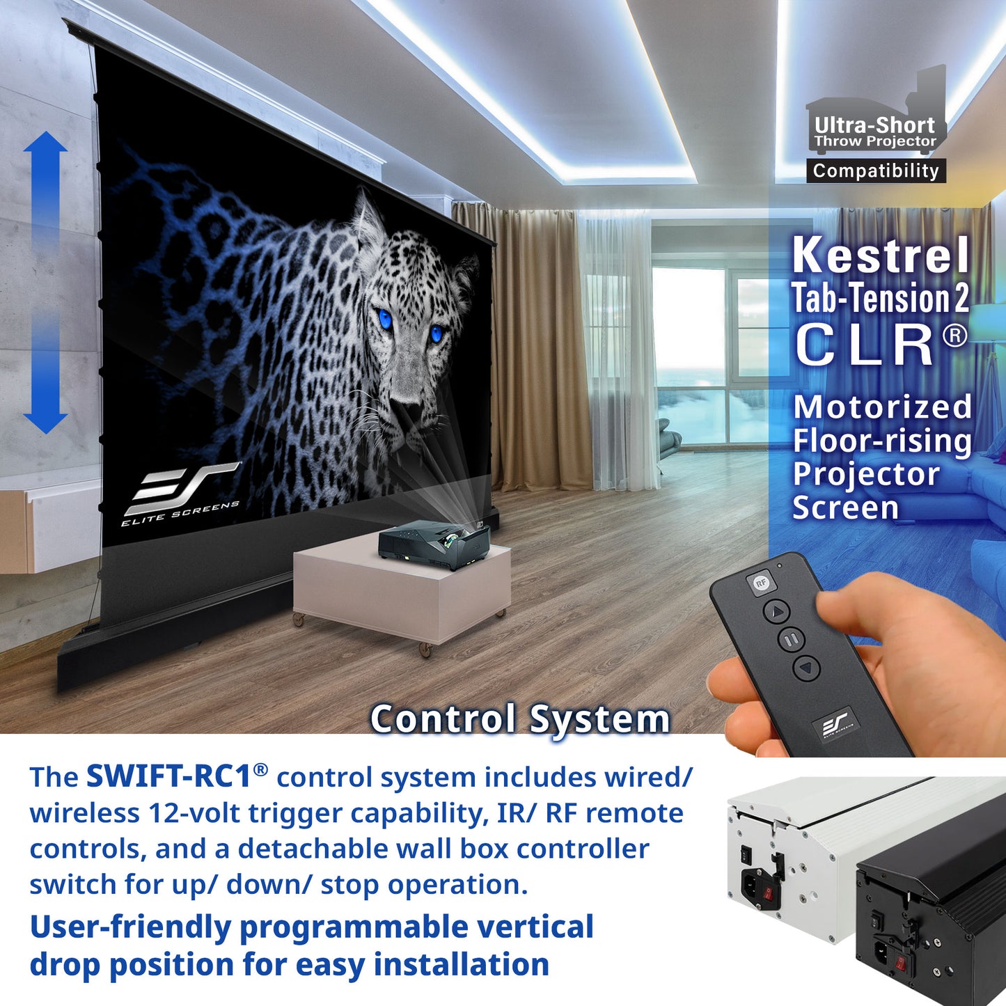 Motorized floor-rising projector screen with control system and remote in a living room setting.