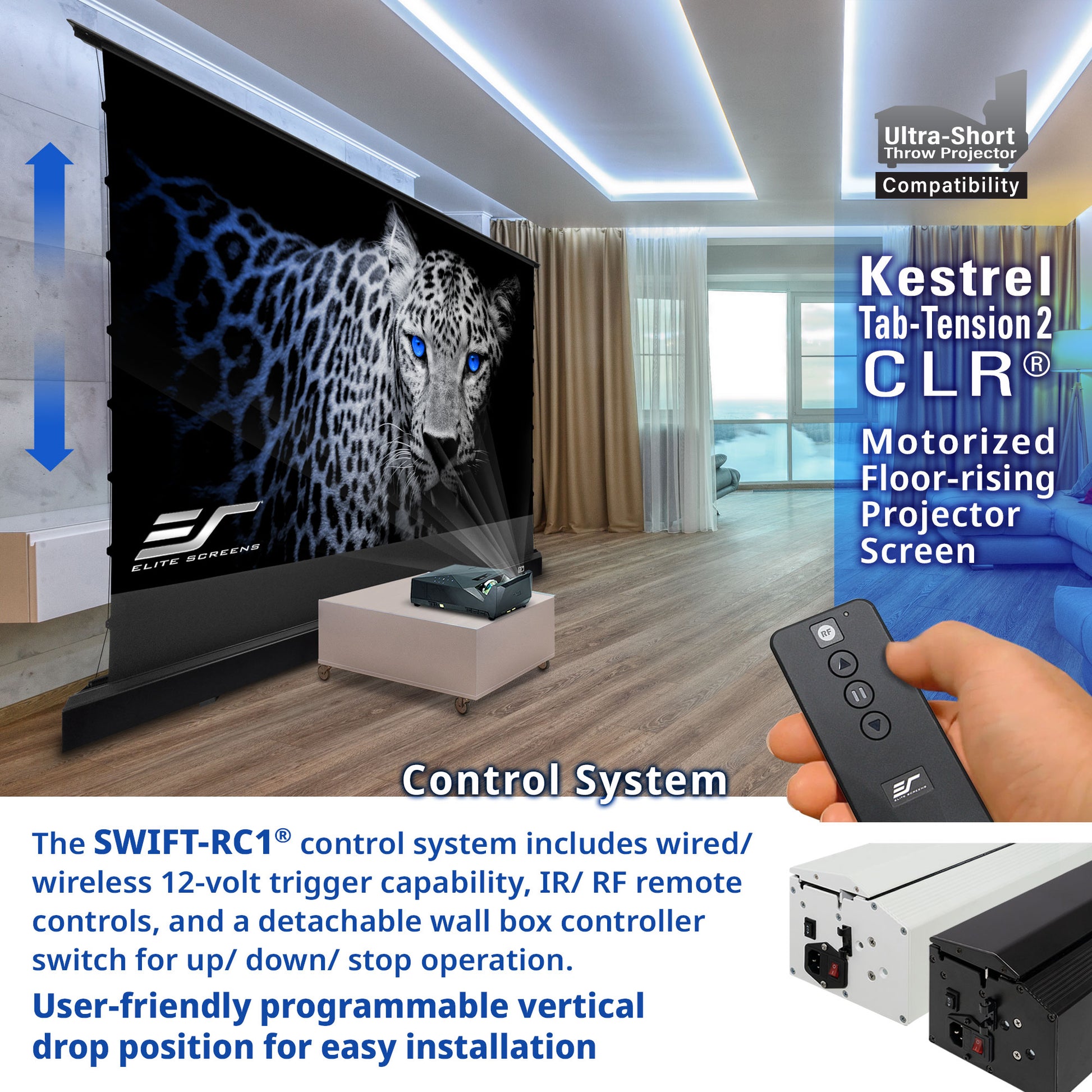 Motorized floor-rising projector screen with control system and remote in a living room setting.