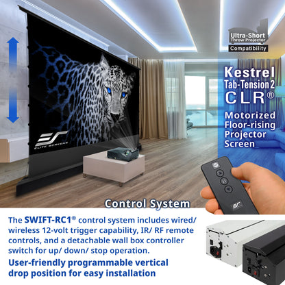 Motorized floor-rising projector screen with control system and remote in a living room setting.