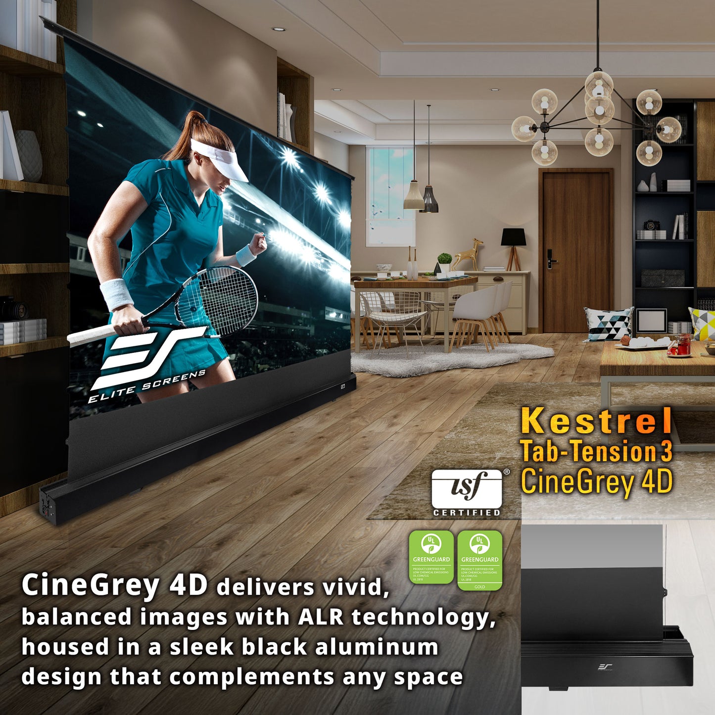 Large TV screen displaying a tennis player, with text about CineGray 4D technology in a modern living room.